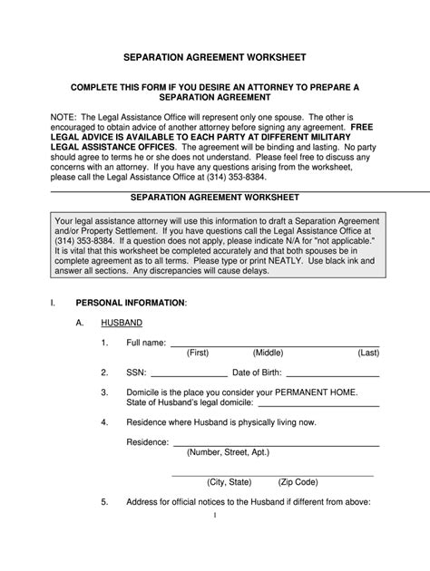 Separation Agreement Worksheet Complete Legal Document Online Us