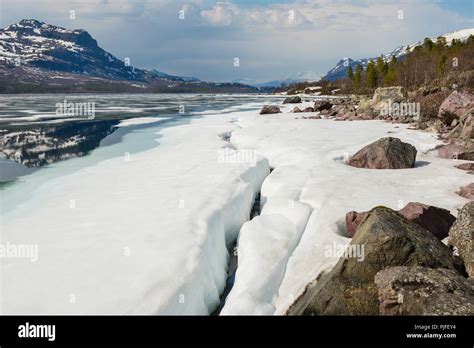 Spring time in Laponia and Stora sjöfallets national park with mountain ...