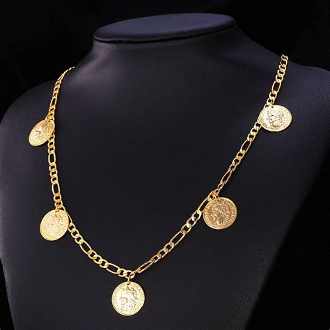 Women K Gold Plated Queen Coin Charm Figaro Chain Necklace