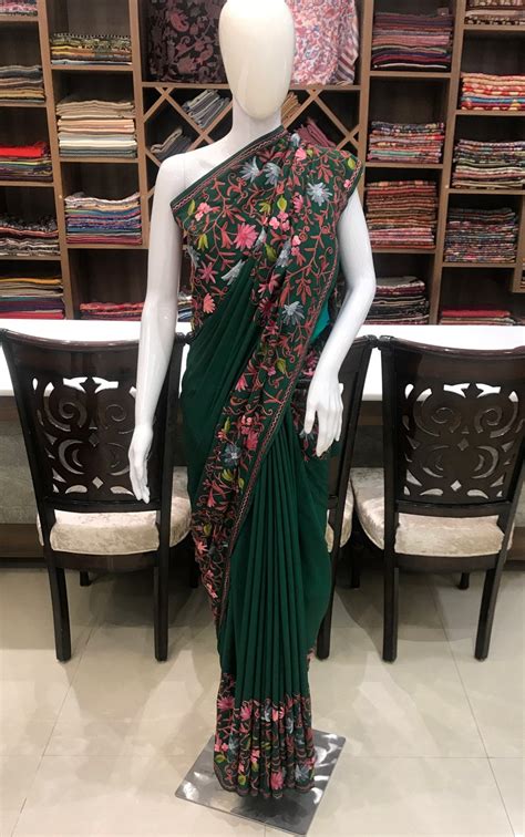 Semi Crepe Aari Embroidered Kashmiri Saree Women Indian Etsy