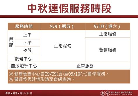 【公告】中秋連假服務時段 臺北醫學大學 新國民醫院醫療資訊網