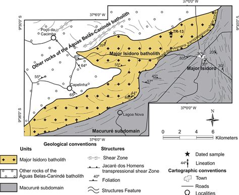 Simplified geological map of the Major Isidoro batholith with the main ...