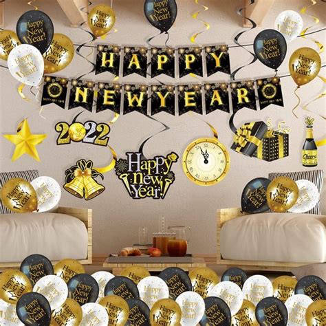 54 Happy New Year Party Decorations 2022 Kit, Include Black Gold Glitter Happy New Year Banner ...