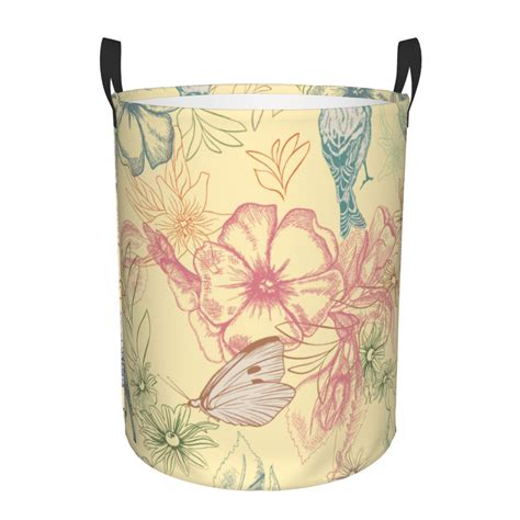 TEQUAN Waterproof Laundry Hampers Roses Butterfly Bird Sketch Pattern