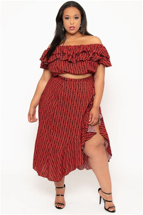 Plus Size Off The Shoulder Crop Top And Wrap Skirt Set Rust Plus Size Outfits Contemporary