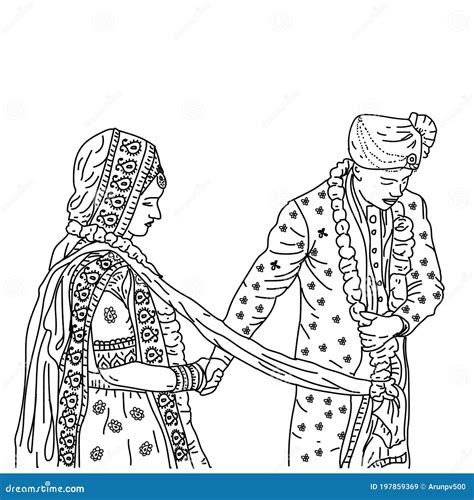 Printbeautiful Indian Couple In Wedding Satphera Ceremony Vector