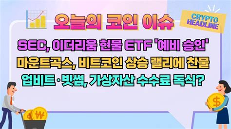 Sec 이더리움 현물 Etf 예비 승인 마운트곡스 비트코인 상승 랠리에 찬물 업비트·빗썸 가상자산 수수료 독식