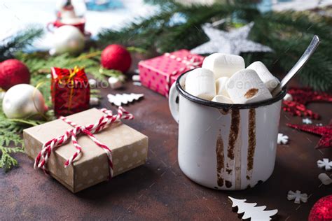 Christmas Tree Branches With Christmas Toys And Cup Of Hot Cocoa Marshmallow Stock Photo By