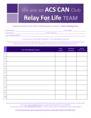 Fillable Online Relay Acsevents Acs Can Team Club Tracking Form Relay