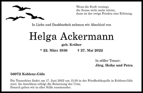 Traueranzeigen Von Helga Ackermann Rz Trauer De