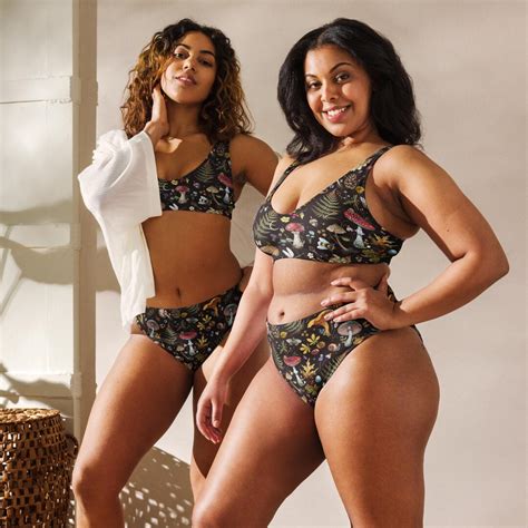 FALL FOREST Recycled High Waisted Bikini With Mushrooms Toadstools Fern