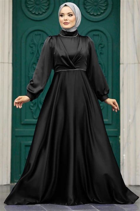 Neva Style Tesettürlü Abiye Elbise Drape Detaylı Siyah Tesettür Saten