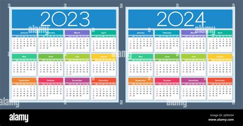 Calendario colorido para 2023 y 2024 años La semana comienza el