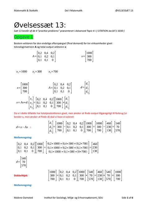 Øvelsessæt 13 input og output analyse matrice algebra Matematik