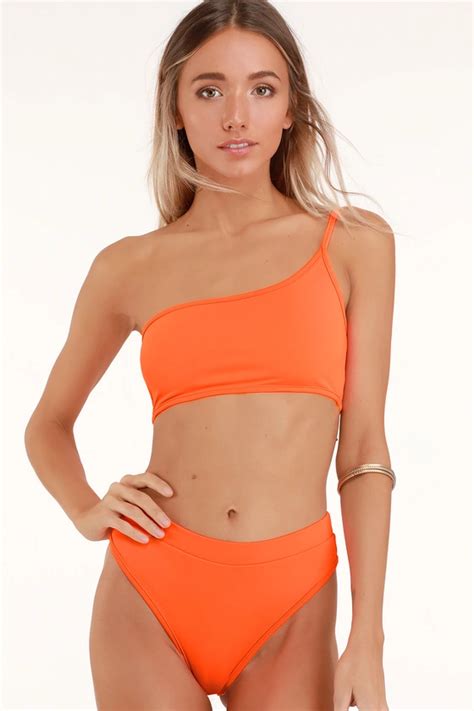 Light It Up Neon Orange One Shoulder Bikini Top Trendy Swimsuits One