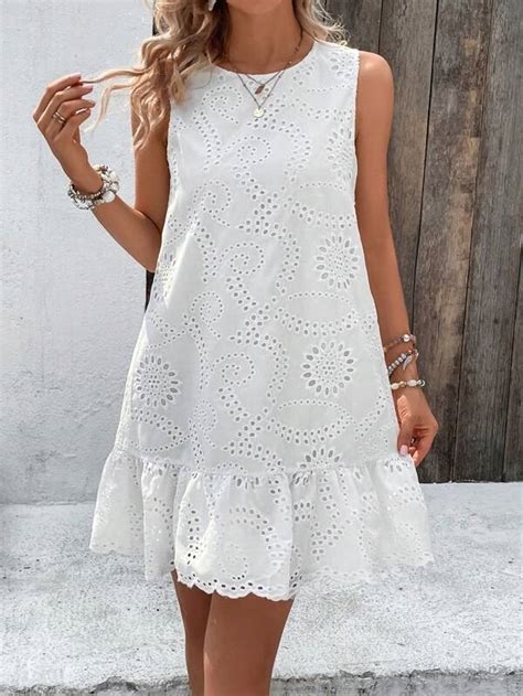 SHEIN VCAY Eyelet Embroidery Ruffle Hem Smock Dress SHEIN USA