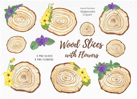 Watercolor Wood Slice Clipart Violet Yellow Spring Flowers Rustic