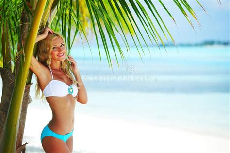 Sexy Woman Bikini Under Palm Tree Sea Background Maldives Stock Photos