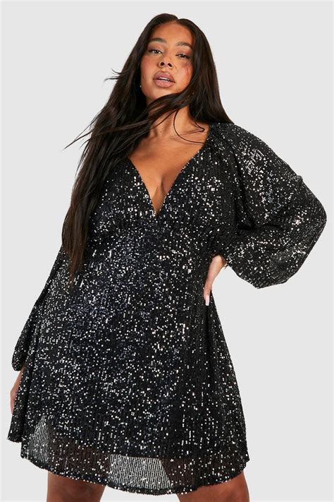 Plus Sequin Blouson Sleeve Smock Dress Boohoo Uk