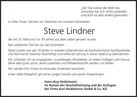 Steve Lindner Traueranzeige Trauer InFranken De