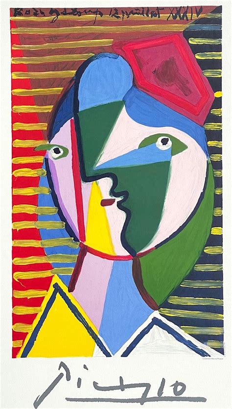 Visage De Femme Sur Fond Raye Lithograph Abstract Portrait Round Face Stripes For Sale At