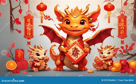 Happy Chinese New Year 2024 Cartoon Cute Dragon Age Character Set