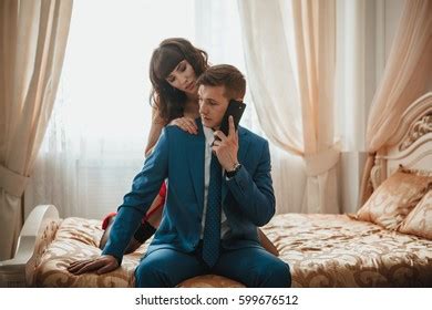 Beautiful Woman Lingerie Trying Seduce Businessman Stock Photo 599676512 Shutterstock