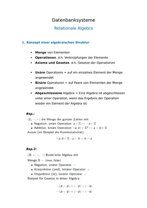 Datenbanksysteme Relationale Algebra Datenbanksysteme Relationale