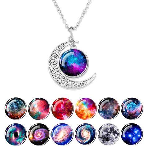 Galaxy Nebula Necklace Crescent Moon Pendant Glass Cabochon Necklace