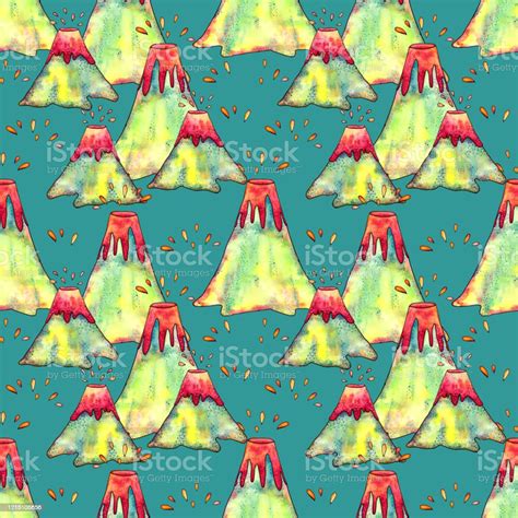 Handdrawn Watercolor Volcanos Eruption Seamless Pattern On Blue