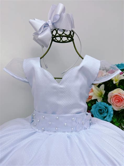 Vestido Infantil Branco Batizado Cinto Aplique De P Rola Rosa