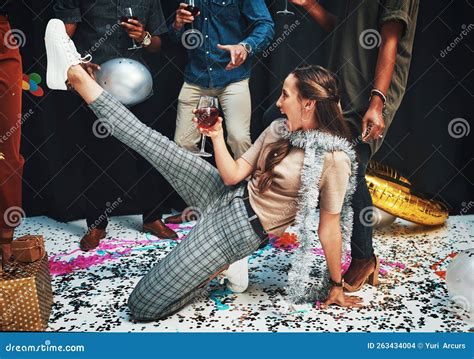 Woman, Dancing and Wine for Celebration with Friends on Floor with ...