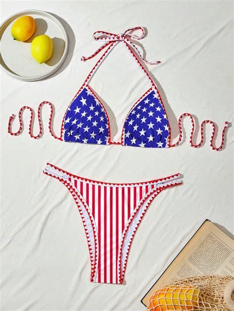 Shein Swim American Usa Flag Print Halter Triangle Top Stripe Print Brief Summer Beach Bikini