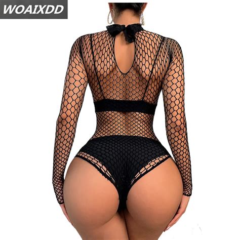 Sexy Body Stocking Fishnet Bodysuit Long Sleeve Lace Lingerie Dress