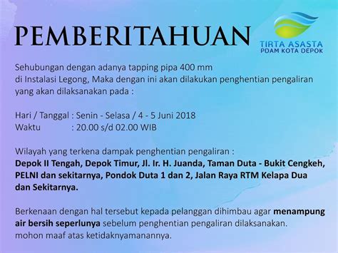 Pemberitahuan Gangguan Suplai Air Bersih Tirta Asasta PDAM Kota Depok