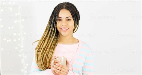 Happy Beautiful Woman With Cup Of Hot Drink Copy Space Stock Photo At Vecteezy