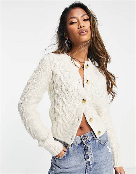 Asos Design Chunky Cardigan In Cable Stitch In Cream Asos