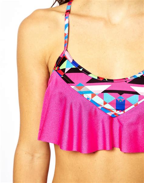 Asos Graphic Print Floaty Crop Bikini Top In Pink Lyst