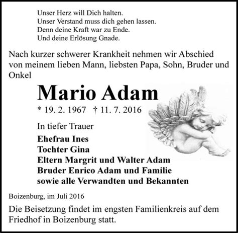 Traueranzeigen Von Mario Adam Abschied Nehmen De