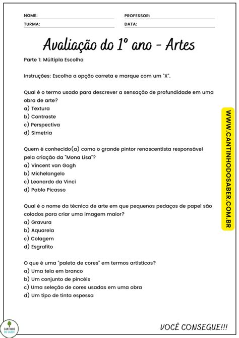 AVALIAÇÃO DE ARTES 1º ANO 4º BIMESTRE ENSINO FUNDAMENTAL