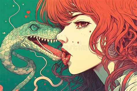 Smiling Cute Anime Girl Kissing a Snake Manga Style Character Illustration Generative Ai Stock ...