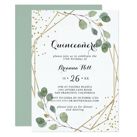 Gold Glitter Geometric Greenery Quincea Era Invitation Zazzle