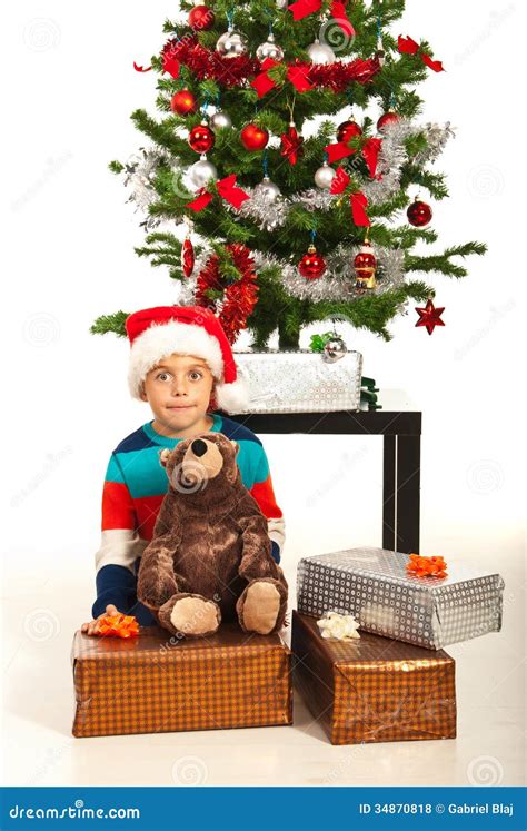 Amazed Boy With Xmas Presents Stock Photo Image Of Surprised