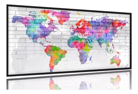 Quadro Mapa Mundi Colorido Aquarela Quarto 130x60 Moldura