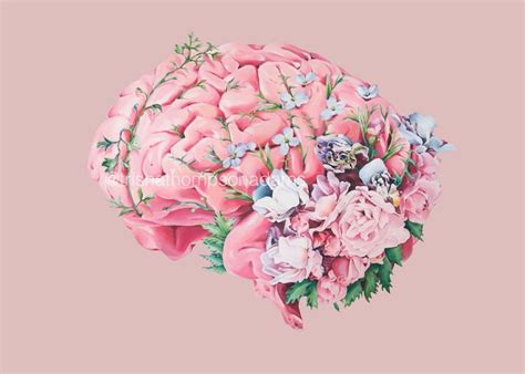 Floral Brain Pink Background Print Of Oil Painting Anatomical Art Print