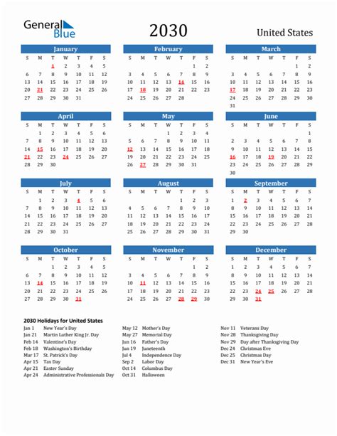 2030 United States Calendar with Holidays