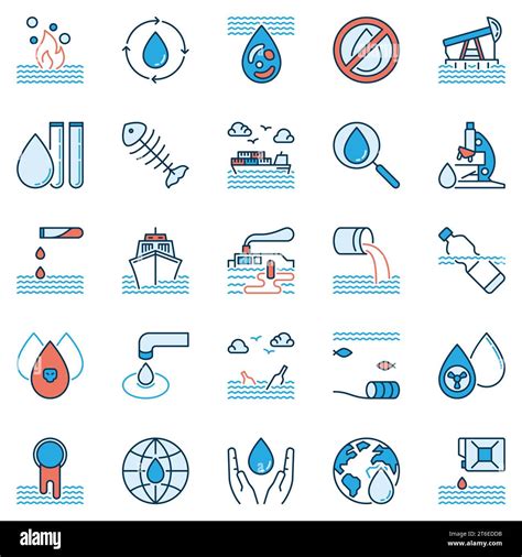 Water Pollution Modern Icons Set Vector Dirty Waste Water And Aquatic