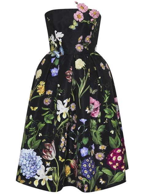 Oscar De La Renta Floral Print Sleeveless Silk Gown Black Fashion