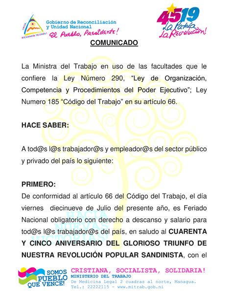 Ministerio Del Trabajo Anuncia Feriado Nacional El De Julio Con Goce