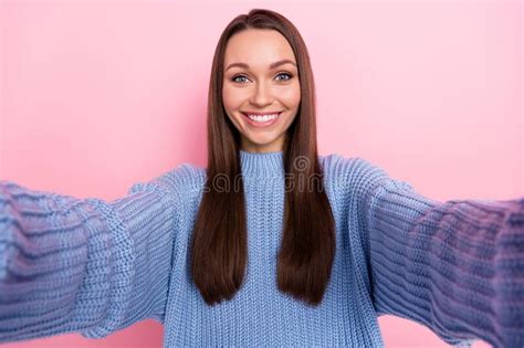 Photo Of Impressed Millennial Brunette Lady Do Selfie Wear Blue Sweater Isolated On Pink Color